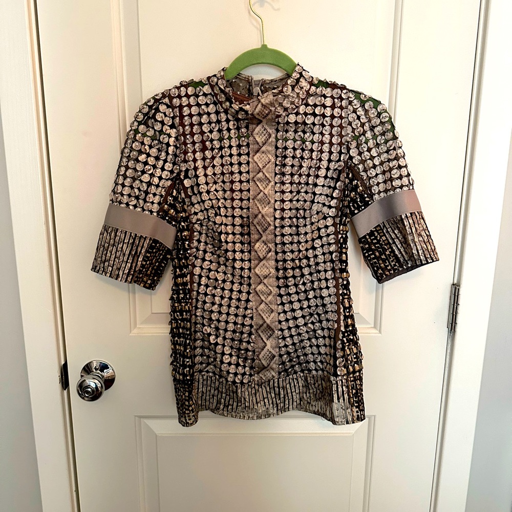 Byron Lars Beauty Mark • Semi Sheer Textured Grey Blouse • Size 6